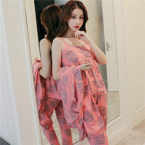 3PCS Sexy Cotton Pajama Sets for Women 2019 Spring Long Sleeve Robes Femme Print Sleepwear Homewear Pijama Mujer Three Piece Set