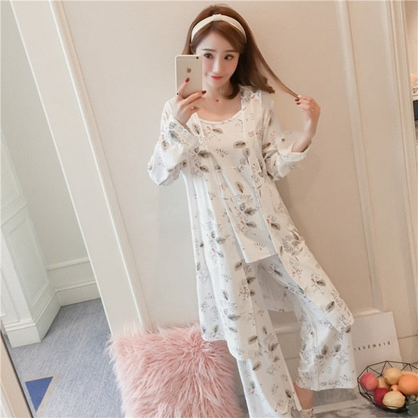 3PCS Sexy Cotton Pajama Sets for Women 2019 Spring Long Sleeve Robes Femme Print Sleepwear Homewear Pijama Mujer Three Piece Set