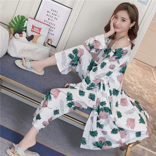 3PCS Sexy Cotton Pajama Sets for Women 2019 Spring Long Sleeve Robes Femme Print Sleepwear Homewear Pijama Mujer Three Piece Set