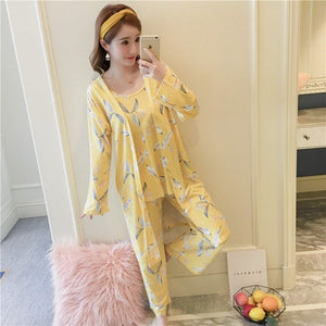 3PCS Sexy Cotton Pajama Sets for Women 2019 Spring Long Sleeve Robes Femme Print Sleepwear Homewear Pijama Mujer Three Piece Set