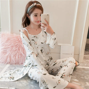 3PCS Sexy Cotton Pajama Sets for Women 2019 Spring Long Sleeve Robes Femme Print Sleepwear Homewear Pijama Mujer Three Piece Set