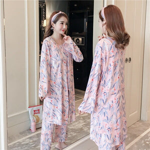 3PCS Sexy Cotton Pajama Sets for Women 2019 Spring Long Sleeve Robes Femme Print Sleepwear Homewear Pijama Mujer Three Piece Set