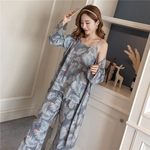 3PCS Sexy Cotton Pajama Sets for Women 2019 Spring Long Sleeve Robes Femme Print Sleepwear Homewear Pijama Mujer Three Piece Set