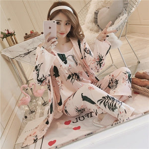 3PCS Sexy Cotton Pajama Sets for Women 2019 Spring Long Sleeve Robes Femme Print Sleepwear Homewear Pijama Mujer Three Piece Set