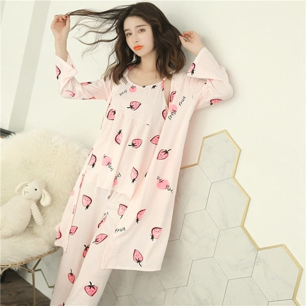 3PCS Sexy Cotton Pajama Sets for Women 2019 Spring Long Sleeve Robes Femme Print Sleepwear Homewear Pijama Mujer Three Piece Set