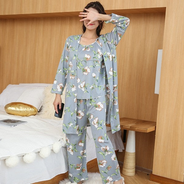 3PCS Sexy Cotton Pajama Sets for Women 2019 Spring Long Sleeve Robes Femme Print Sleepwear Homewear Pijama Mujer Three Piece Set