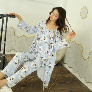 3PCS Sexy Cotton Pajama Sets for Women 2019 Spring Long Sleeve Robes Femme Print Sleepwear Homewear Pijama Mujer Three Piece Set