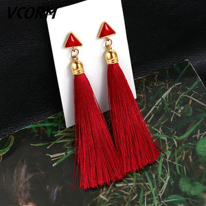 VCORM Bohemian Tassel Crystal Long Drop Earrings for Women Red Cotton Silk Fabric Fringe Earrings 2019 Fashion Woman Jewelry