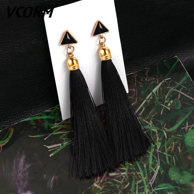 VCORM Bohemian Tassel Crystal Long Drop Earrings for Women Red Cotton Silk Fabric Fringe Earrings 2019 Fashion Woman Jewelry