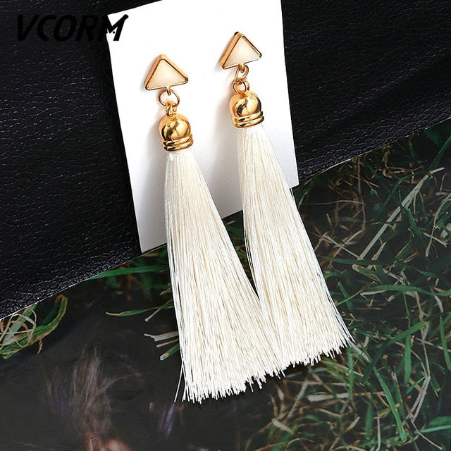 VCORM Bohemian Tassel Crystal Long Drop Earrings for Women Red Cotton Silk Fabric Fringe Earrings 2019 Fashion Woman Jewelry