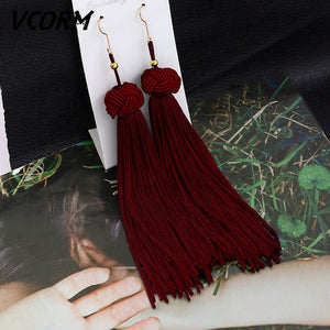 VCORM Bohemian Tassel Crystal Long Drop Earrings for Women Red Cotton Silk Fabric Fringe Earrings 2019 Fashion Woman Jewelry