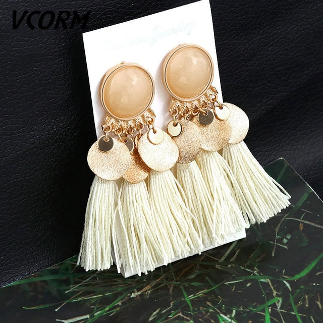 VCORM Bohemian Tassel Crystal Long Drop Earrings for Women Red Cotton Silk Fabric Fringe Earrings 2019 Fashion Woman Jewelry