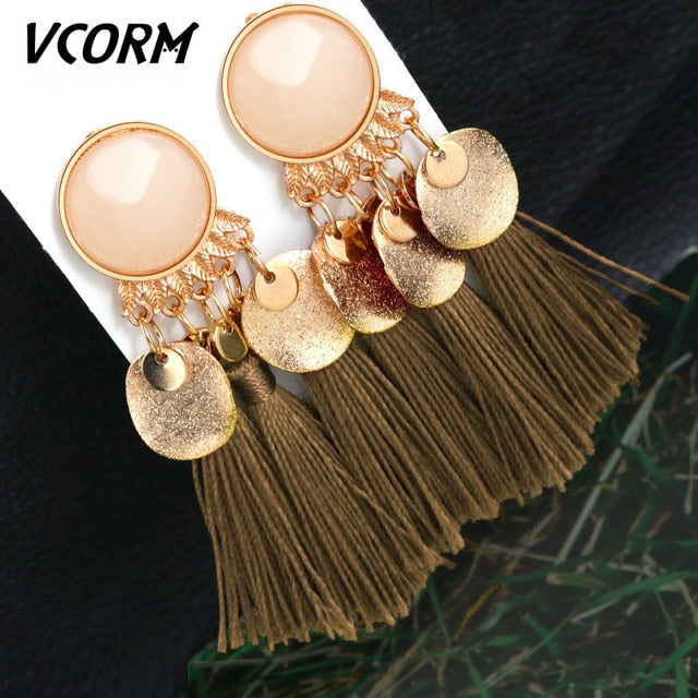 VCORM Bohemian Tassel Crystal Long Drop Earrings for Women Red Cotton Silk Fabric Fringe Earrings 2019 Fashion Woman Jewelry