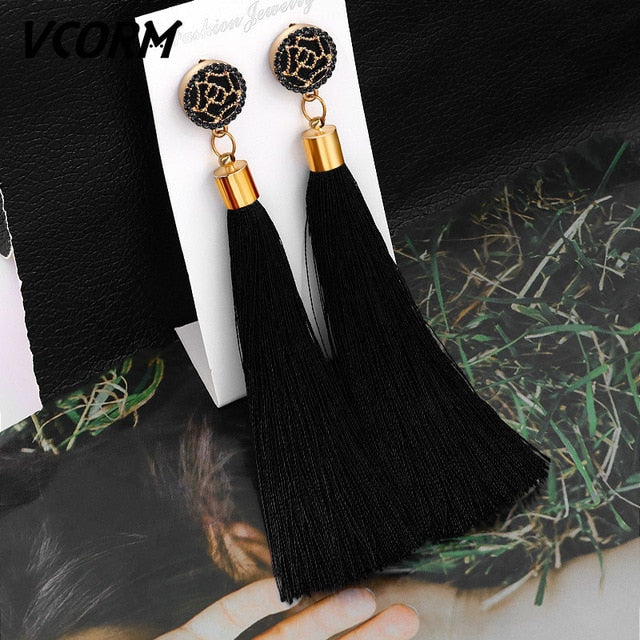 VCORM Bohemian Tassel Crystal Long Drop Earrings for Women Red Cotton Silk Fabric Fringe Earrings 2019 Fashion Woman Jewelry