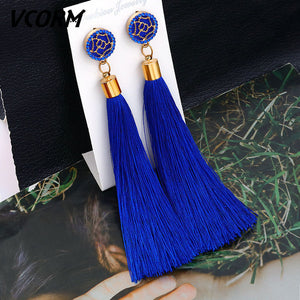 VCORM Bohemian Tassel Crystal Long Drop Earrings for Women Red Cotton Silk Fabric Fringe Earrings 2019 Fashion Woman Jewelry