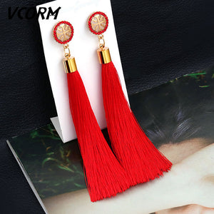 VCORM Bohemian Tassel Crystal Long Drop Earrings for Women Red Cotton Silk Fabric Fringe Earrings 2019 Fashion Woman Jewelry