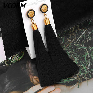 VCORM Bohemian Tassel Crystal Long Drop Earrings for Women Red Cotton Silk Fabric Fringe Earrings 2019 Fashion Woman Jewelry