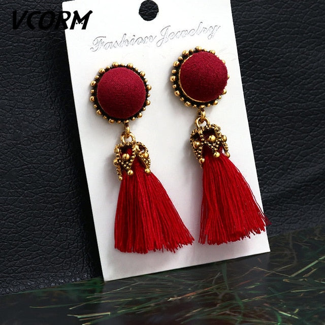 VCORM Bohemian Tassel Crystal Long Drop Earrings for Women Red Cotton Silk Fabric Fringe Earrings 2019 Fashion Woman Jewelry