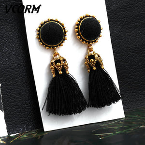 VCORM Bohemian Tassel Crystal Long Drop Earrings for Women Red Cotton Silk Fabric Fringe Earrings 2019 Fashion Woman Jewelry