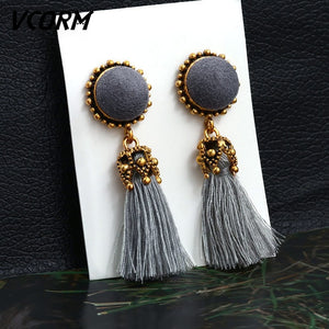 VCORM Bohemian Tassel Crystal Long Drop Earrings for Women Red Cotton Silk Fabric Fringe Earrings 2019 Fashion Woman Jewelry