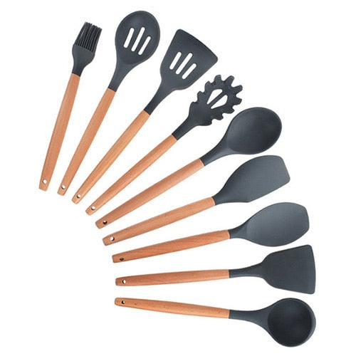 9/10/12PCS Silicone Cooking Utensils Set Non-stick Spatula Shovel Wooden Handle Cooking Tools Set With Storage Box Kitchen Tools