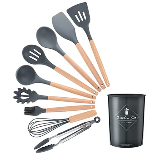 9/10/12PCS Silicone Cooking Utensils Set Non-stick Spatula Shovel Wooden Handle Cooking Tools Set With Storage Box Kitchen Tools