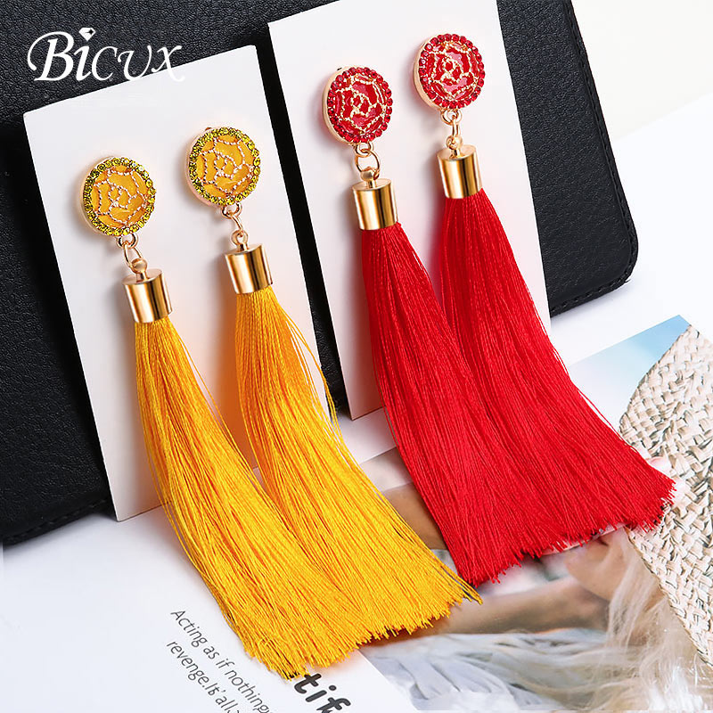 BICUX Fashion Bohemian Tassel Crystal Long Earrings White Red Silk Fabric Drop Dangle Tassel Earrings For Women 2019 Jewelry