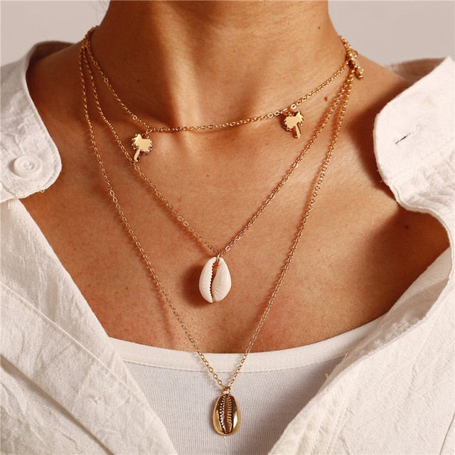 Boho Shell Pendant Necklace for Women Long Chain Round Coin Multilayer Choker 2019 Collares Necklace Wedding Jewelry