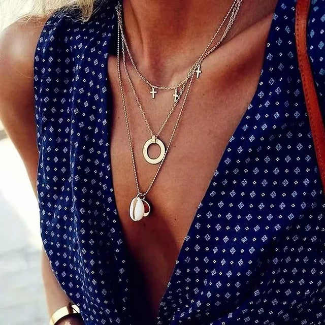 Boho Shell Pendant Necklace for Women Long Chain Round Coin Multilayer Choker 2019 Collares Necklace Wedding Jewelry