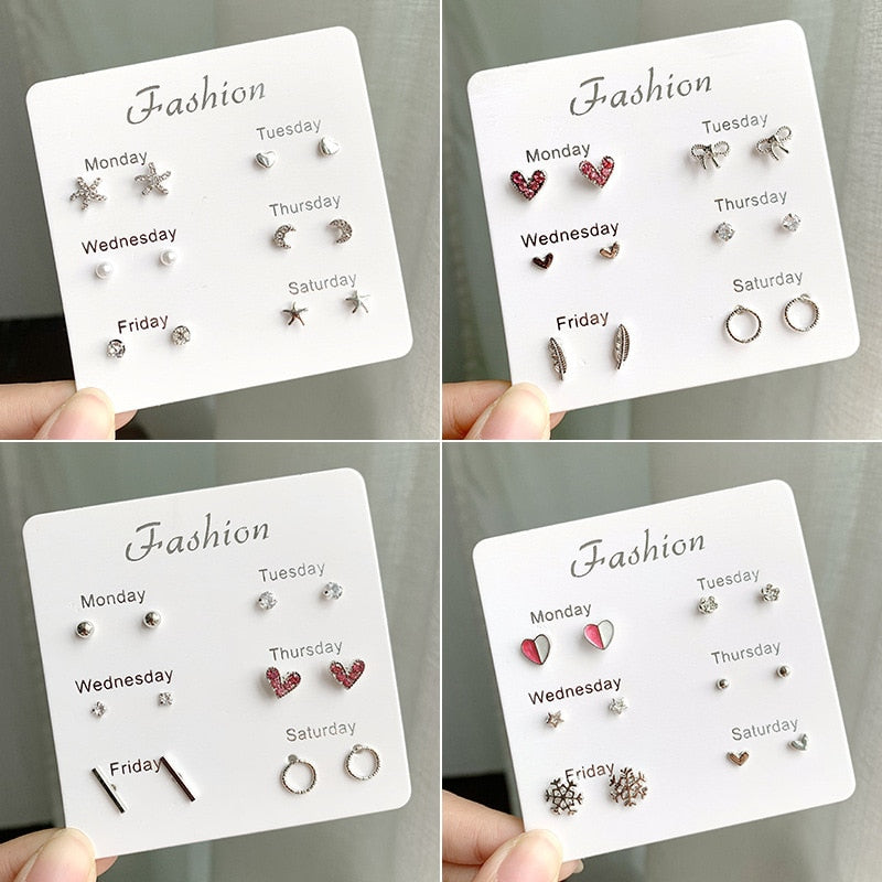 Women Heart Star Mini Earrings Set Fashion Girl Small Jewelry Square Leaf Pearl 6-pairs Stud Earring Sets Lady Mini Jewelry Gift