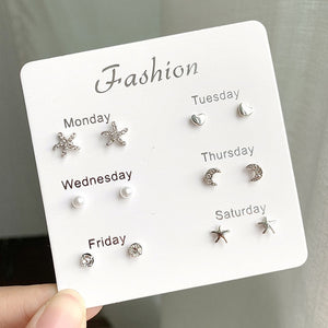 Women Heart Star Mini Earrings Set Fashion Girl Small Jewelry Square Leaf Pearl 6-pairs Stud Earring Sets Lady Mini Jewelry Gift