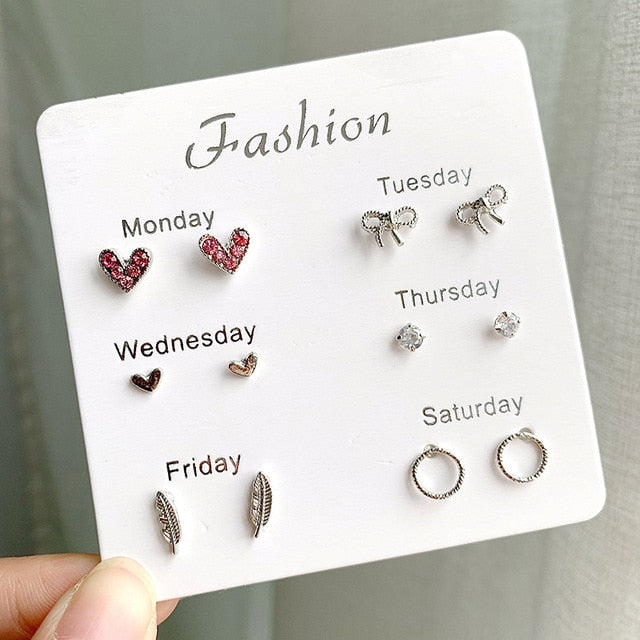 Women Heart Star Mini Earrings Set Fashion Girl Small Jewelry Square Leaf Pearl 6-pairs Stud Earring Sets Lady Mini Jewelry Gift