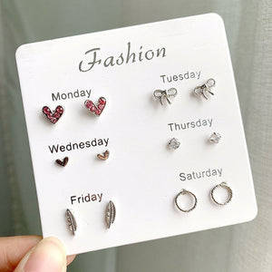 Women Heart Star Mini Earrings Set Fashion Girl Small Jewelry Square Leaf Pearl 6-pairs Stud Earring Sets Lady Mini Jewelry Gift