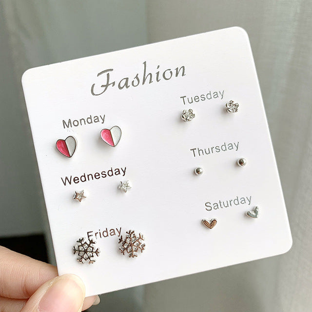 Women Heart Star Mini Earrings Set Fashion Girl Small Jewelry Square Leaf Pearl 6-pairs Stud Earring Sets Lady Mini Jewelry Gift