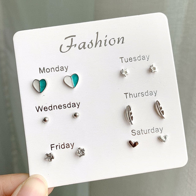 Women Heart Star Mini Earrings Set Fashion Girl Small Jewelry Square Leaf Pearl 6-pairs Stud Earring Sets Lady Mini Jewelry Gift