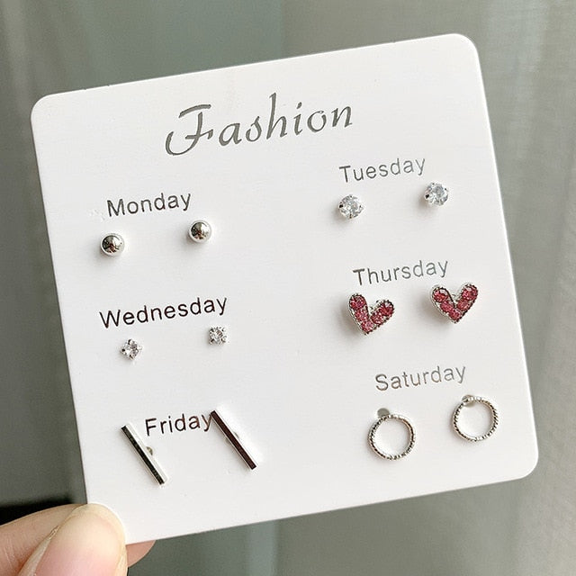 Women Heart Star Mini Earrings Set Fashion Girl Small Jewelry Square Leaf Pearl 6-pairs Stud Earring Sets Lady Mini Jewelry Gift