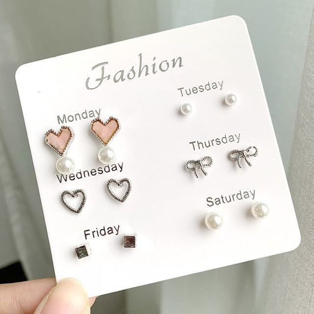 Women Heart Star Mini Earrings Set Fashion Girl Small Jewelry Square Leaf Pearl 6-pairs Stud Earring Sets Lady Mini Jewelry Gift