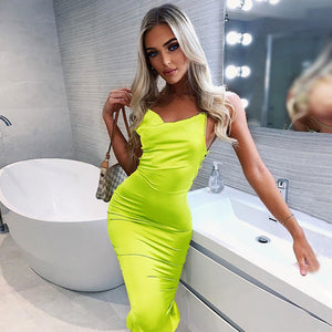 Dulzura neon satin lace up 2019 summer women bodycon long midi dress sleeveless backless elegant party outfits sexy club clothes