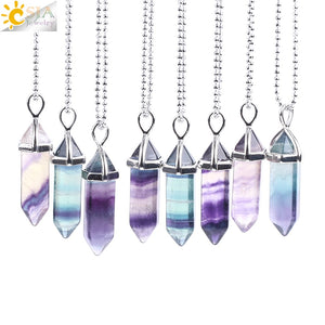 CSJA Fluorite Necklaces Crystal Pendants Natural Gem Stone Quartz Bullet Hexagonal Pendulum Reiki Chakra Suspension Jewelry E546