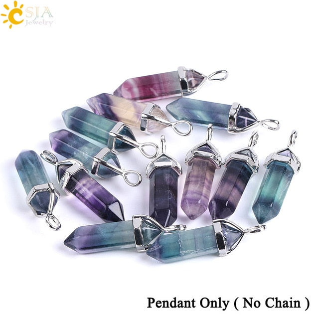 CSJA Fluorite Necklaces Crystal Pendants Natural Gem Stone Quartz Bullet Hexagonal Pendulum Reiki Chakra Suspension Jewelry E546