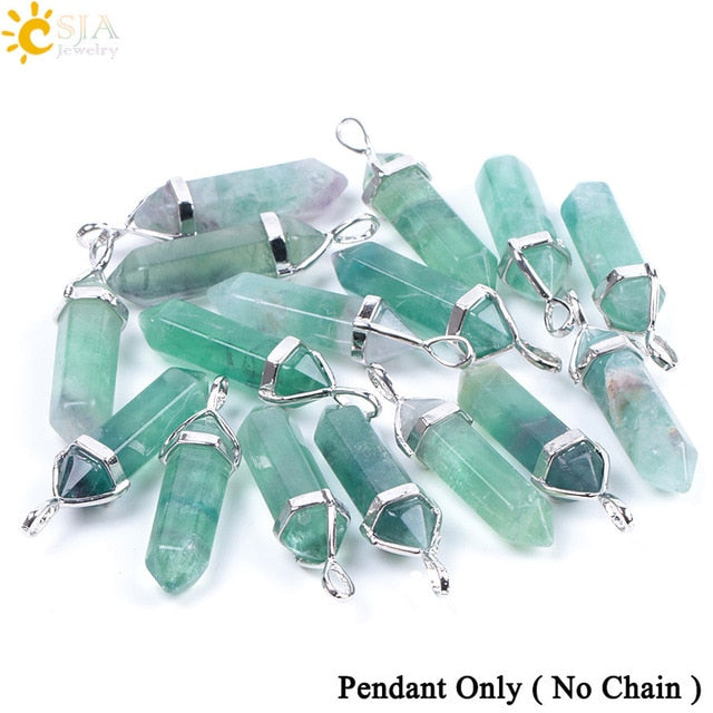 CSJA Fluorite Necklaces Crystal Pendants Natural Gem Stone Quartz Bullet Hexagonal Pendulum Reiki Chakra Suspension Jewelry E546