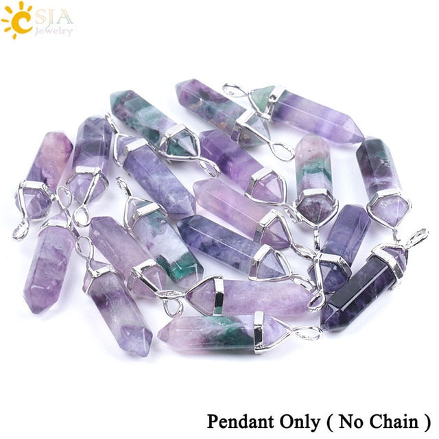 CSJA Fluorite Necklaces Crystal Pendants Natural Gem Stone Quartz Bullet Hexagonal Pendulum Reiki Chakra Suspension Jewelry E546