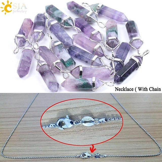 CSJA Fluorite Necklaces Crystal Pendants Natural Gem Stone Quartz Bullet Hexagonal Pendulum Reiki Chakra Suspension Jewelry E546