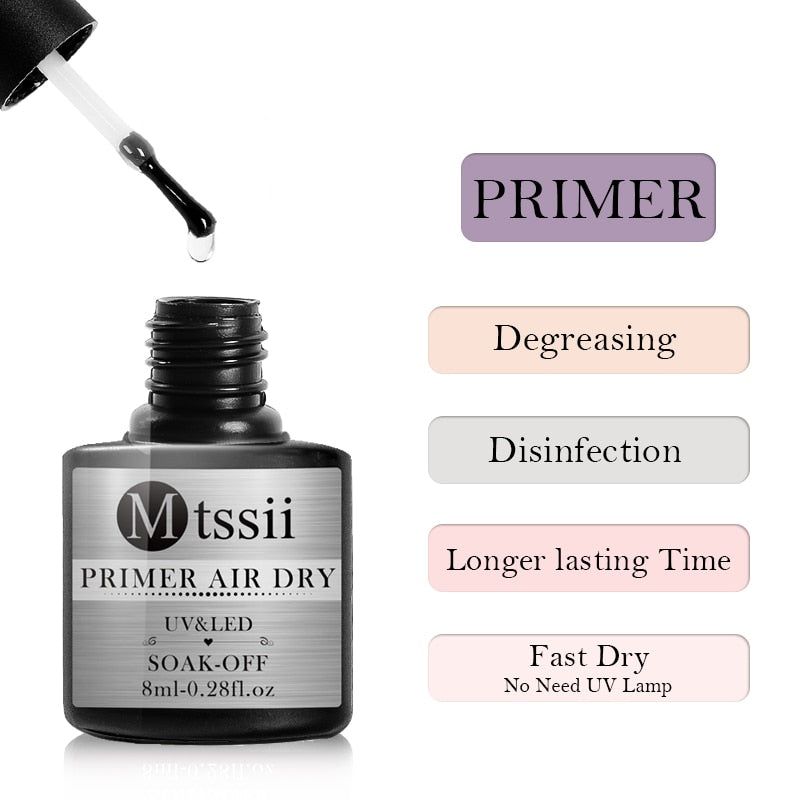 Mtssii 8ml Long Lasting Fast Air Dry Primer No Acid Primer Fast Dry Base Coat No Wipe Top Coat Long Lasting Nail Gel Polish