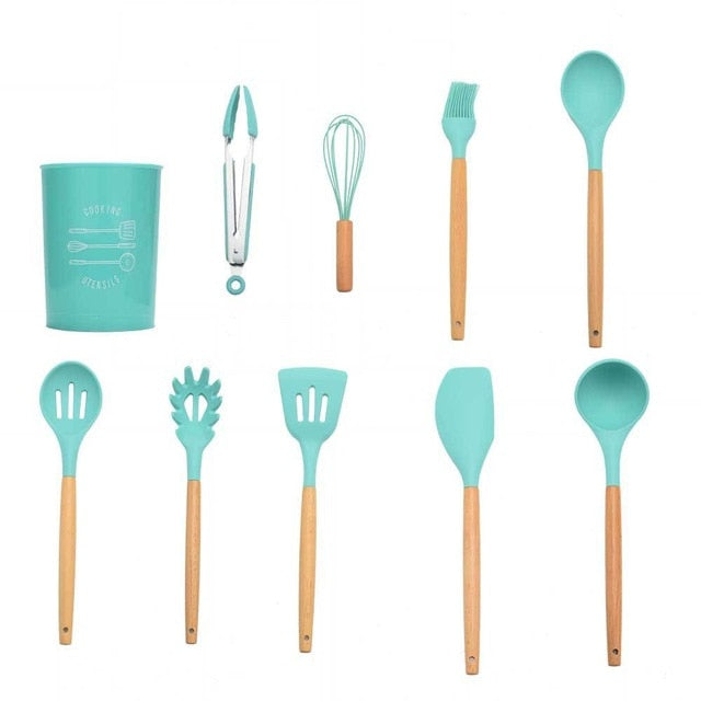 9/10/12PCS Silicone Cooking Utensils Set Non-stick Spatula Shovel Wooden Handle Cooking Tools Set With Storage Box Kitchen Tools