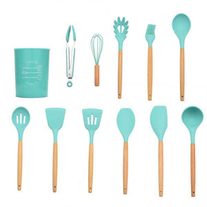 9/10/12PCS Silicone Cooking Utensils Set Non-stick Spatula Shovel Wooden Handle Cooking Tools Set With Storage Box Kitchen Tools