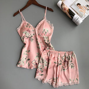 Sexy Lingerie Satin Silk Pyjamas Women Sleepwear Summer Pijamas Women Pyjama Femme Flower Pajamas For Women Set Sexy Nightwear