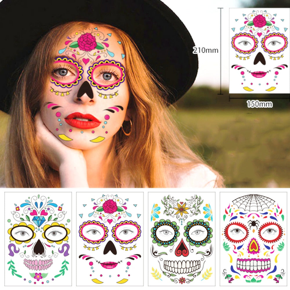 Halloween Party Decoration Halloween Mask Waterproof Temporary Tattoo Sticker Mexican Day of The Sugar Skull Mask Makeup Party,Q