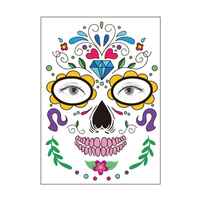 Halloween Party Decoration Halloween Mask Waterproof Temporary Tattoo Sticker Mexican Day of The Sugar Skull Mask Makeup Party,Q