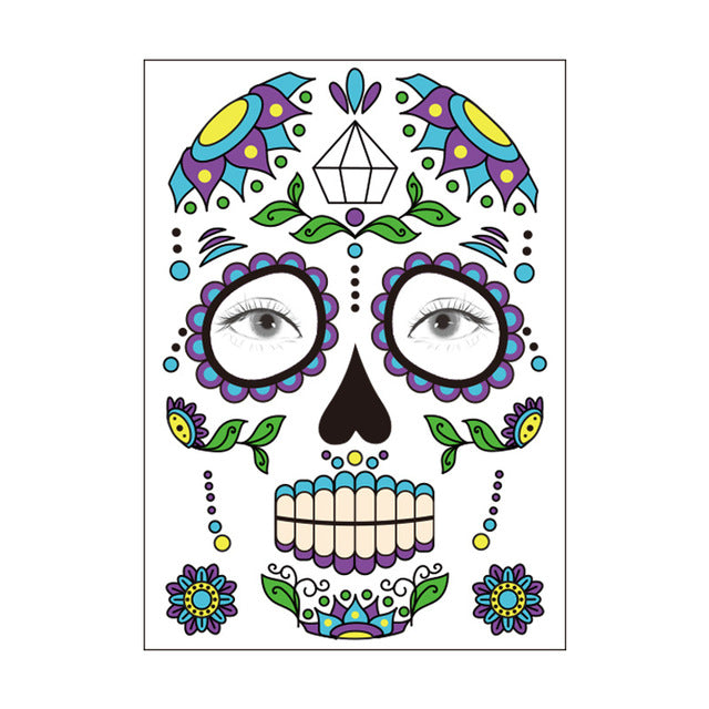 Halloween Party Decoration Halloween Mask Waterproof Temporary Tattoo Sticker Mexican Day of The Sugar Skull Mask Makeup Party,Q